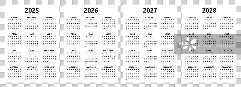 2025年、2026年、2027年、2028年日历图片素材