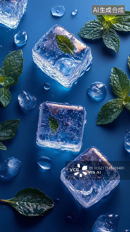 【AI数字艺术】蓝色背景下的冰块图片素材