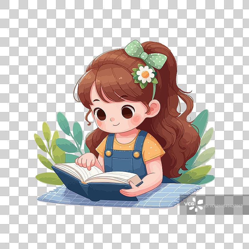 一个可爱的小女孩在秋天的落叶中阅读一本书图片素材