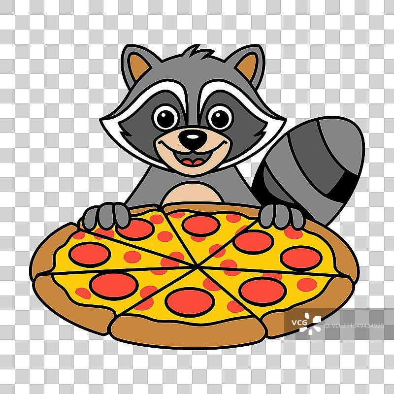 卡通浣熊享受一块大披萨图片素材
