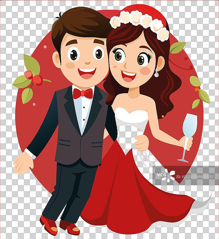 快乐的新婚夫妇穿着红色和黑色的服装图片素材