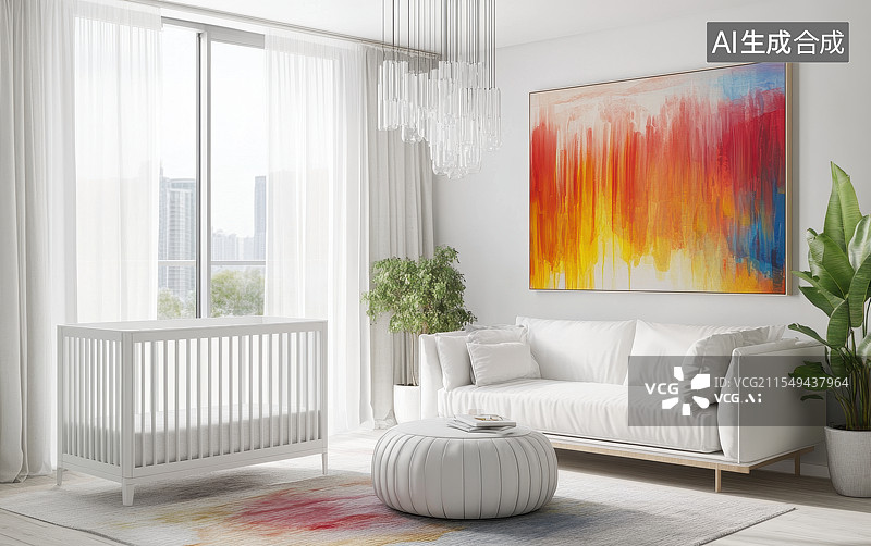 【AI数字艺术】现代家居卧室儿童房婴幼儿房月子中心沙发婴儿床室内装修设计样板间图片素材