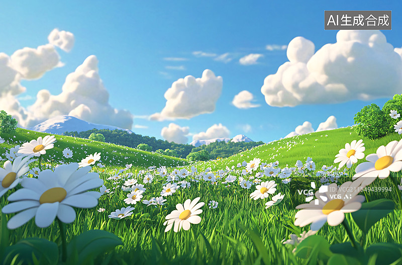 【AI数字艺术】春天 绿色草地、一大片雏菊、蓝天和白云 自然风光画卷图片素材
