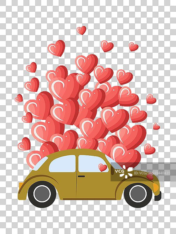 一辆绿色复古车被漂浮的红色心形包围图片素材