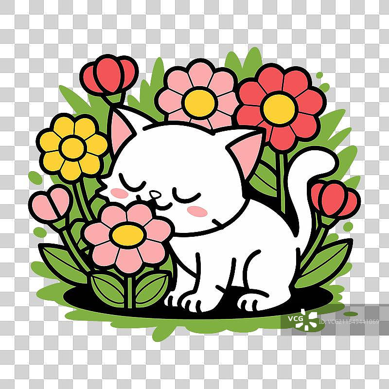 可爱的猫咪在嗅花朵图片素材