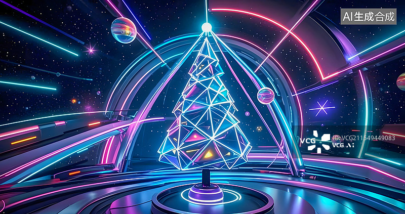 【AI数字艺术】未来主义圣诞：科技霓虹圣诞树视觉艺术图片素材