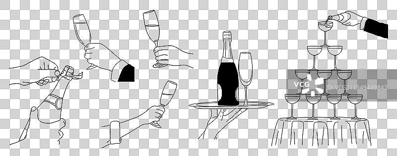 手握香槟酒杯，打开的香槟瓶图片素材