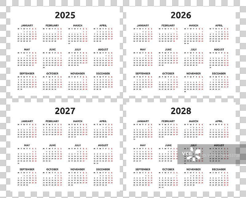2025年、2026年、2027年、2028年日历图片素材