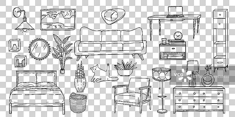 手绘黑白客厅内部图片素材