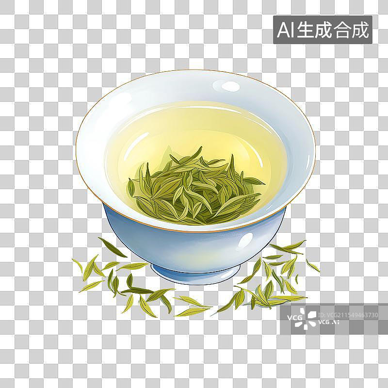 【AI数字艺术】国风手绘插画，一杯茶，绿茶，春茶，茶叶，茶道，茶文化免抠元素图片素材