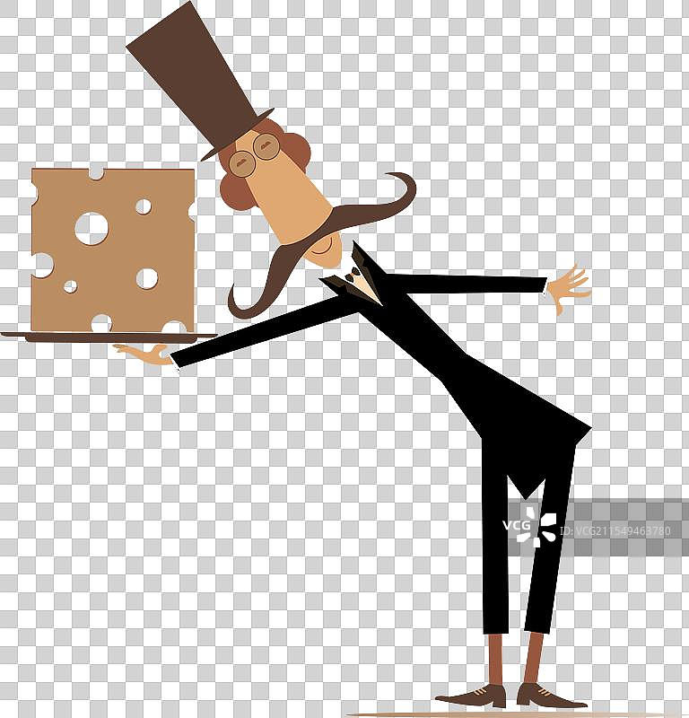 男人手持一个托盘，上面放着一块奶酪图片素材