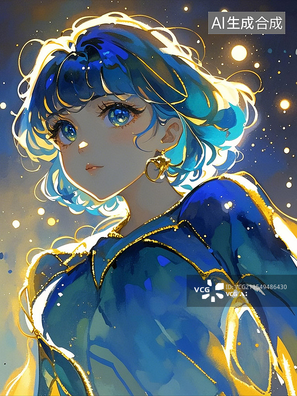 【AI数字艺术】蓝发少女星夜图片素材