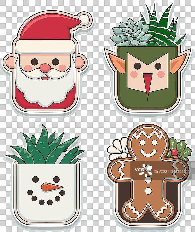 四个卡通风格的植物盆栽设计，带有节日气氛图片素材