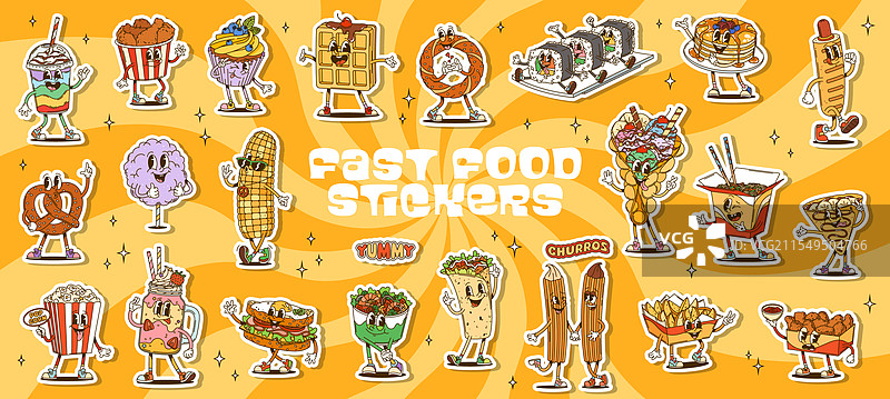 时髦的快餐角色贴纸包图片素材