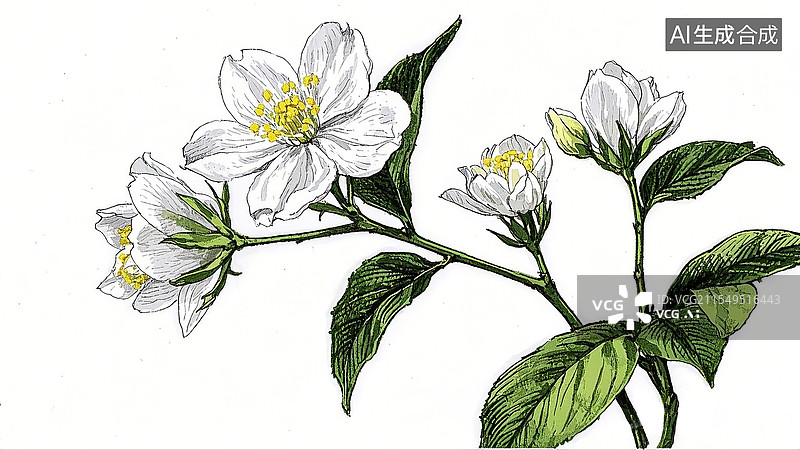 【AI数字艺术】茉莉花复古钢笔画图片素材