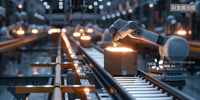 【AI数字艺术】机器人手臂自动化包装物流传送带科技背景图片素材