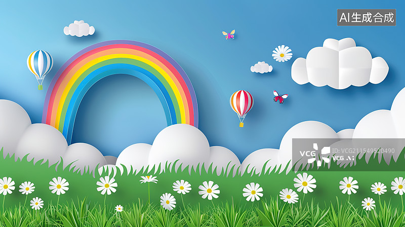 【AI数字艺术】剪纸风格3D蓝天白云草地彩虹背景插画图片素材