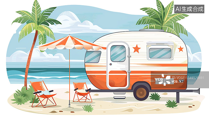 【AI数字艺术】清新扁平风海边的遮阳伞躺椅和露营拖车插画图片素材