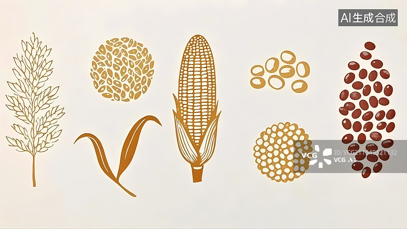 【AI数字艺术】大米红豆玉米高粱小米各类主食粮食作物插画背景图片素材
