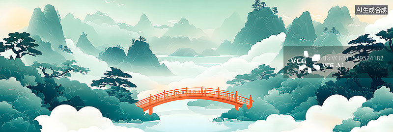 【AI数字艺术】青山绿水间的红色拱桥图片素材