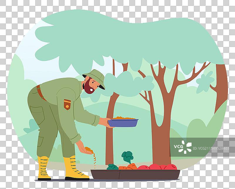 森林护林员角色喂养动物图片素材