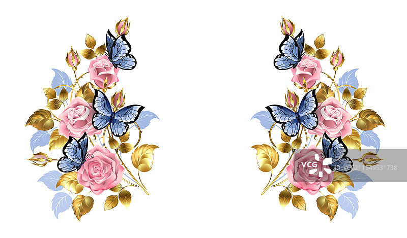 对称的框架，配有粉色玫瑰和蝴蝶图片素材