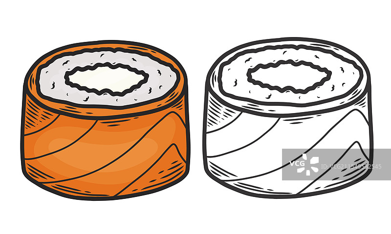 含有三文鱼和奶油奶酪的亚洲食物卷图片素材