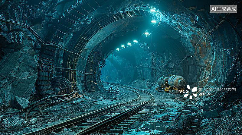 【AI数字艺术】地下矿井矿洞隧道  深邃地下的蓝色脉动    隧道尽头的未知光芒图片素材