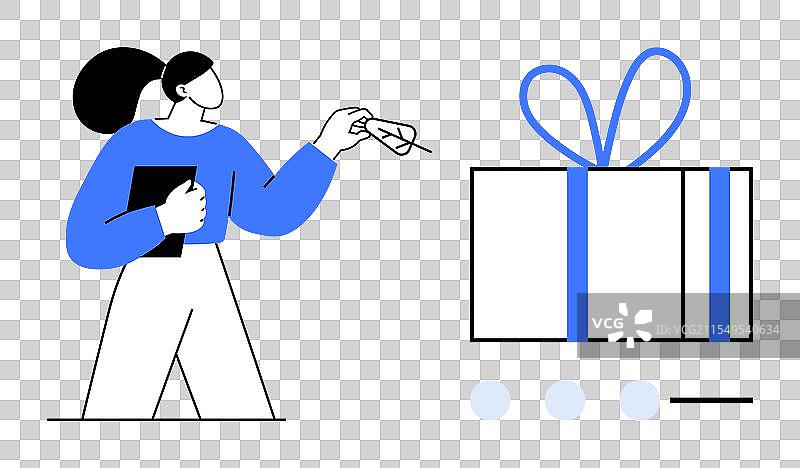 女性手持平板电脑，用指针指示。图片素材