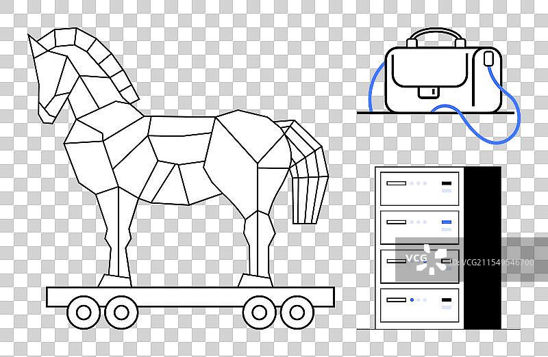几何形状的特洛伊木马靠近公文包和图片素材