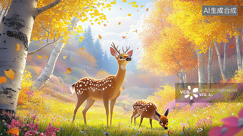 【AI数字艺术】秋日森林里的梅花鹿图片素材