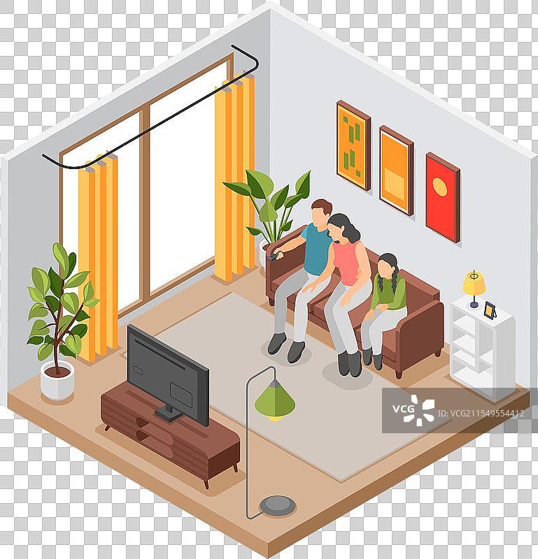 等距家庭观看电视，父母和孩子坐在一起图片素材