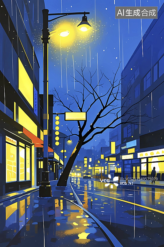 【AI数字艺术】雨夜城市街道街景路灯插画图片素材