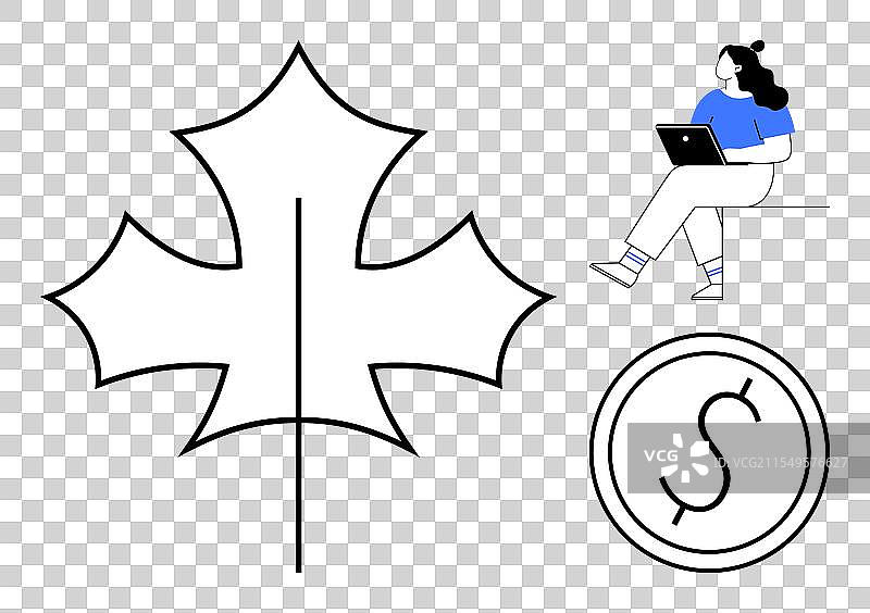 在叶子轮廓旁边工作的女性与笔记本电脑图片素材