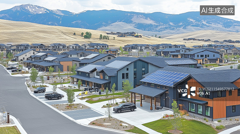 【AI数字艺术】俯瞰郊区社区，中央太阳能面板场地、配备光伏系统的屋顶，以及在太阳能棚下充电的电动汽车，展示可持续能源图片素材