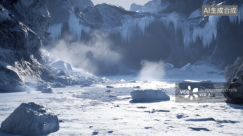 【AI数字艺术】冬季冰雪覆盖的荒凉山谷图片素材