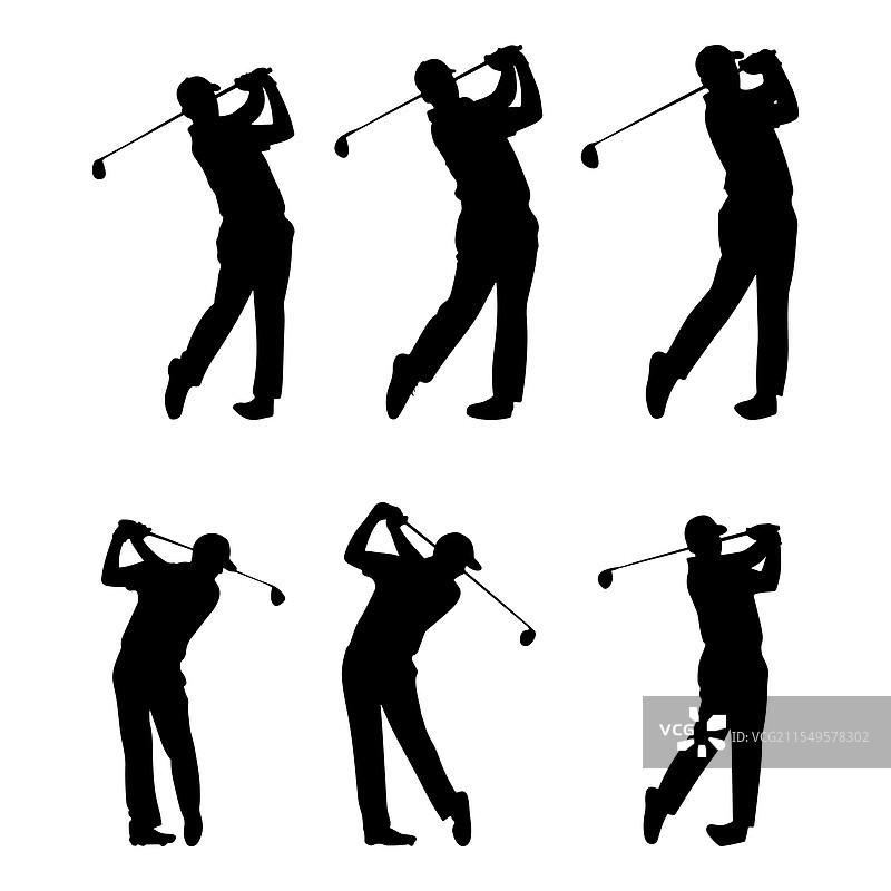 在白色背景上打高尔夫球的人物剪影图片素材