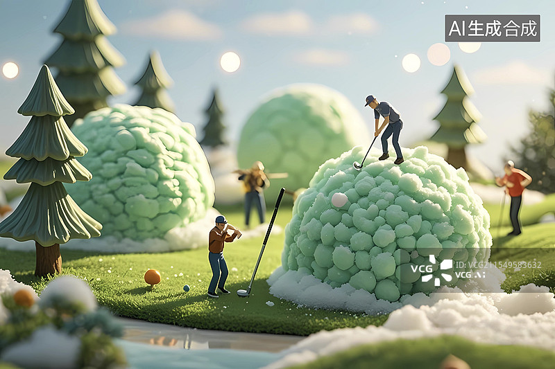 【AI数字艺术】微距高尔夫冰激凌小人夏天避暑场景图片素材