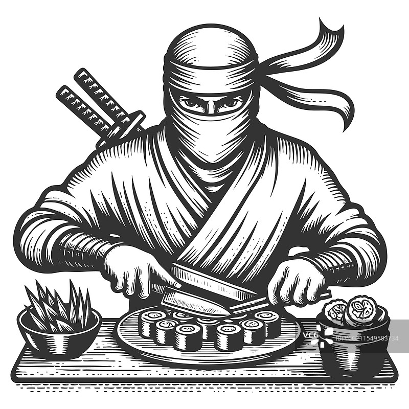 忍者厨师正在准备寿司卷的雕刻图片素材