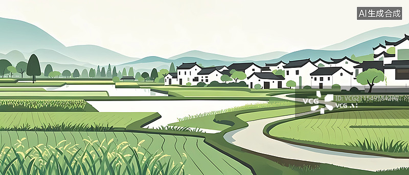 【AI数字艺术】极简江南江南水乡稻田和村庄插画图片素材