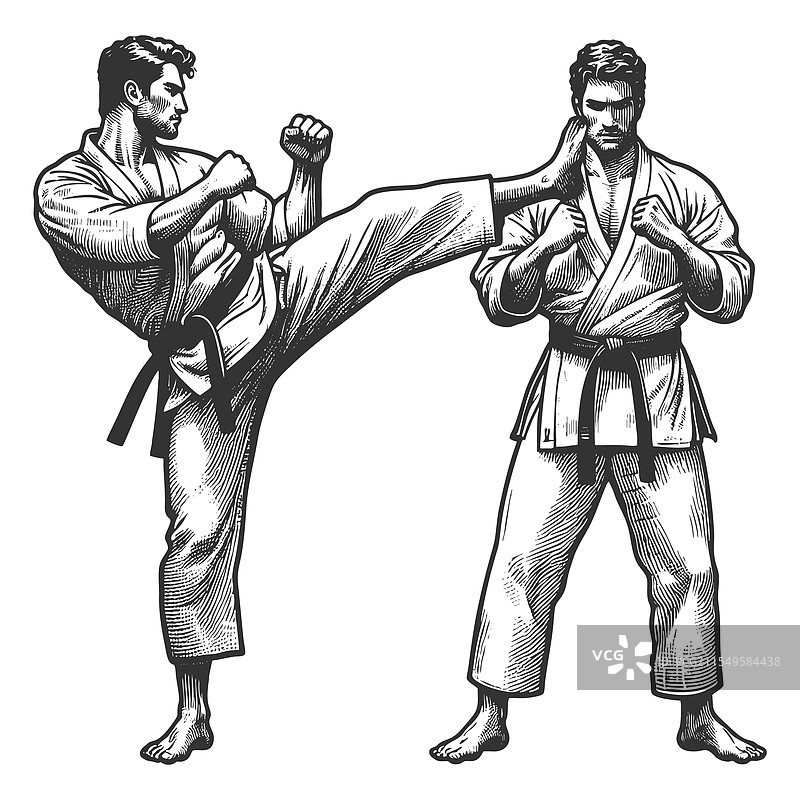 武术家穿着空手道服进行对练图片素材