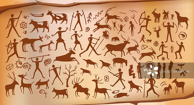 史前洞穴壁画在石墙背景上图片素材