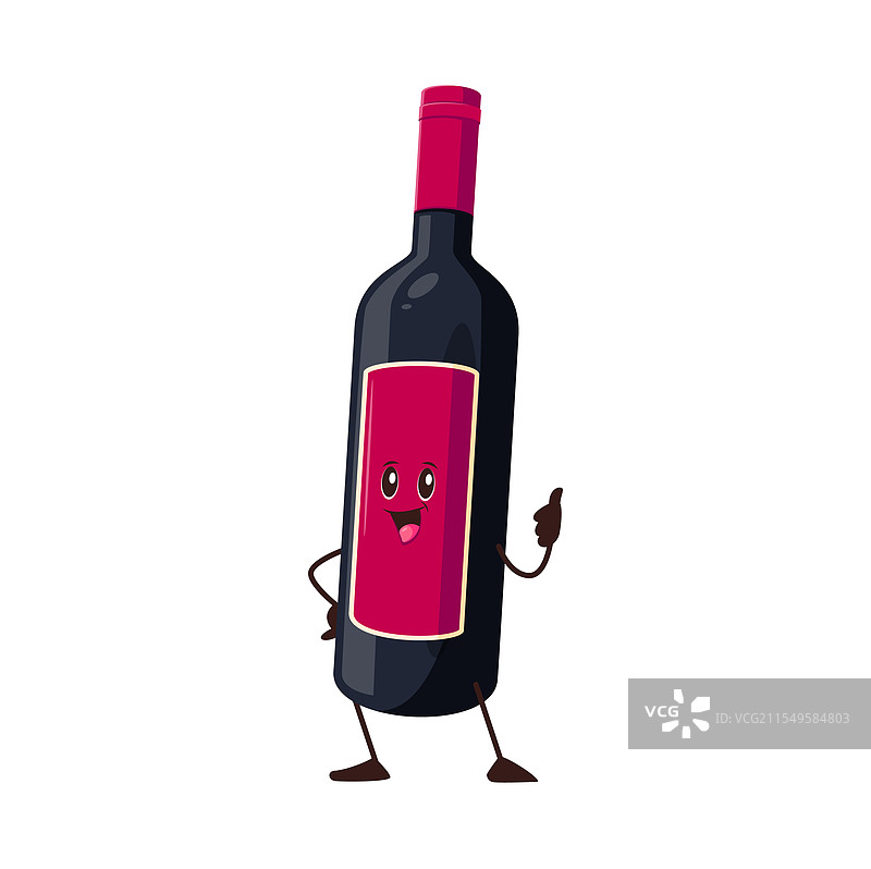 卡通风格的快乐角色与一瓶时尚的红酒图片素材
