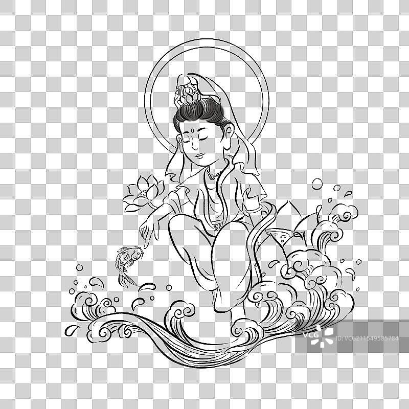 中国风传统神仙南海观音菩萨人物线稿元素图片素材