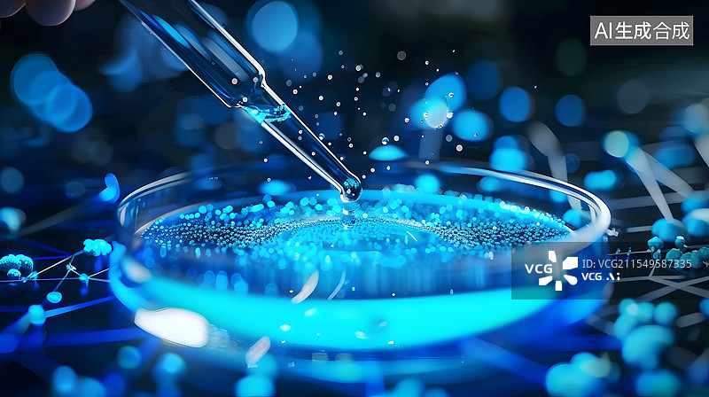 【AI数字艺术】蓝色生物科技背景，带滴管的培养皿图片素材
