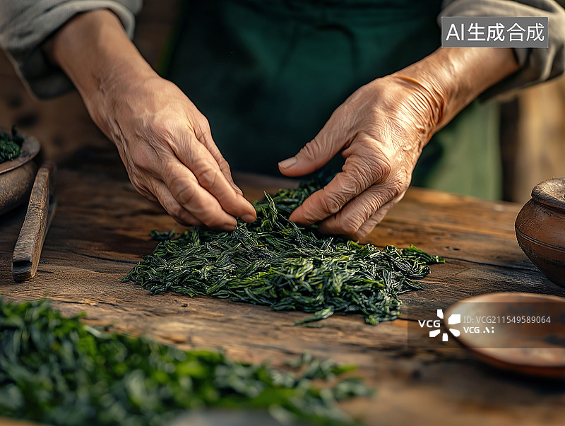 【AI数字艺术】茶艺人手揉新鲜的茶叶图片素材