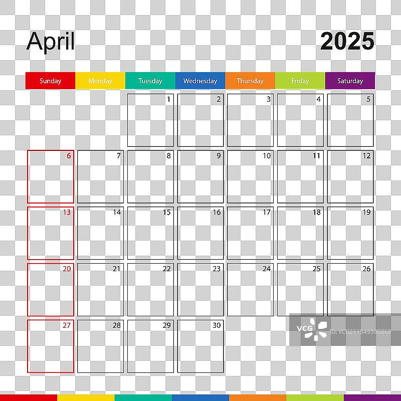 2025年四月五彩斑斓的墙壁日历，周一开始图片素材