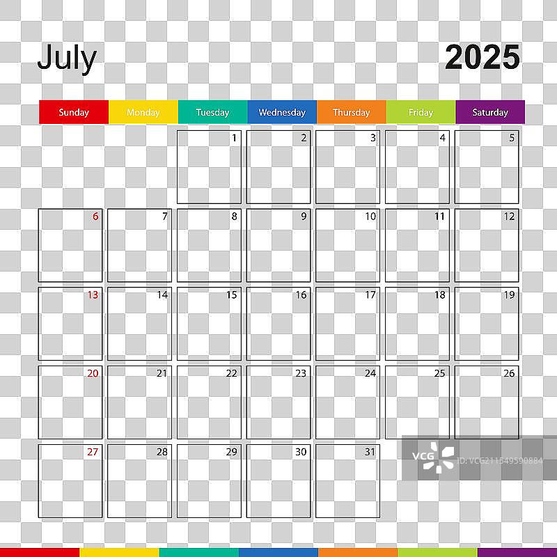 2025年7月五彩斑斓的墙壁日历，周一开始图片素材