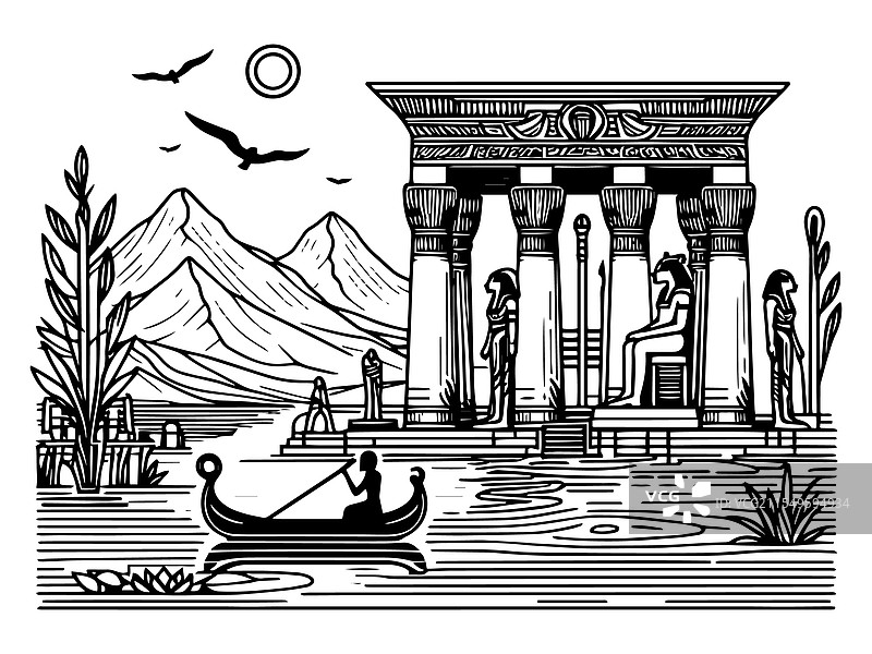 古埃及神庙与尼罗河景观图片素材