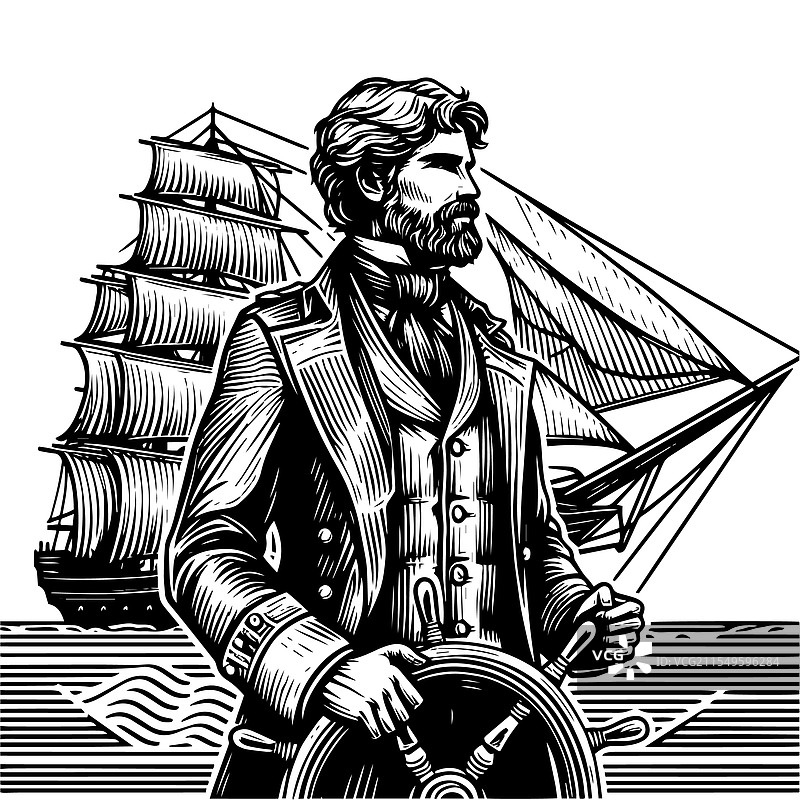 船长驾驶着船只，周围有帆船。图片素材